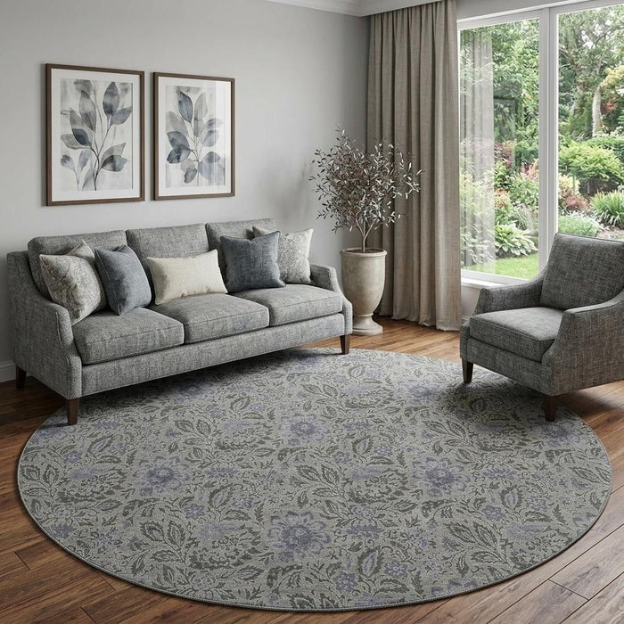 8' Floral Washable Round Rug With UV Protection (654985) - Khaki / Gray