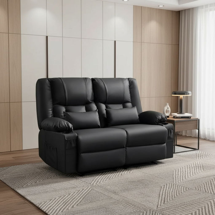 Faux Leather Manual Reclining Loveseat With Storage Toss Pillows - Black