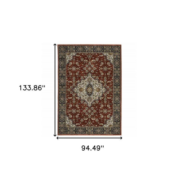 7.9' x 11.2' Oriental Power Loom Area Rug With Fringe - Red And Ivory