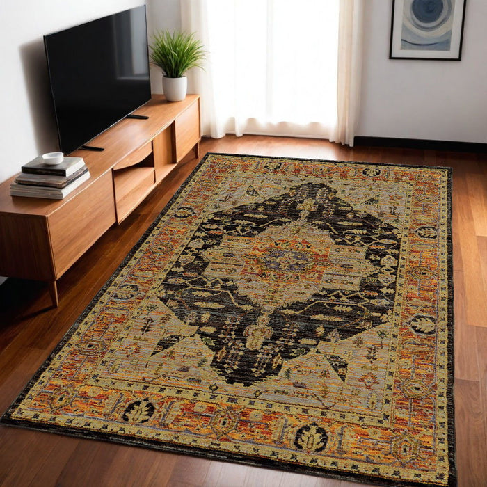 5' x 7' Oriental Power Loom Area Rug - Black And Gold
