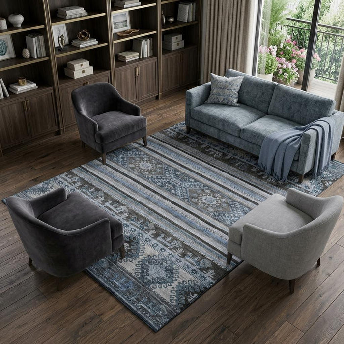 10' X 14' Medallion Washable Area Rug With UV Protection (695240) - Blue / Ivory / Gray
