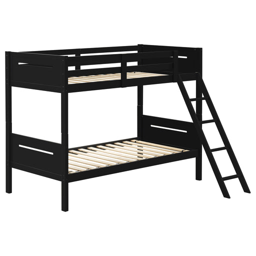 Black Littleton Wood Twin Over Twin Bunk Bed by CoasterEveryday, showcasing the sturdy twin-over-twin design and sleek black finish.