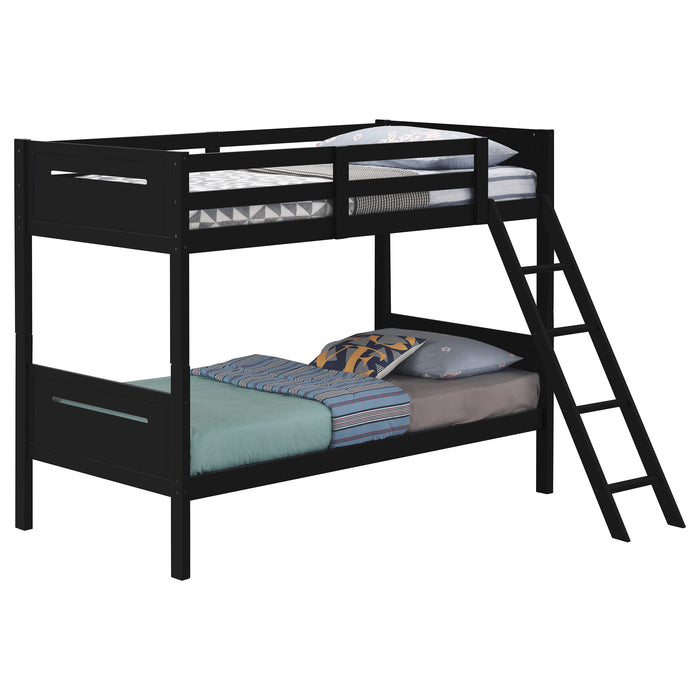 Black Littleton Wood Twin Over Twin Bunk Bed by CoasterEveryday, showcasing sturdy wooden frame with twin-sized upper and lower beds.