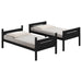 Black Littleton Wood twin over twin bunk bed by CoasterEveryday, showing a sturdy, space-saving furniture piece with safety rails.
