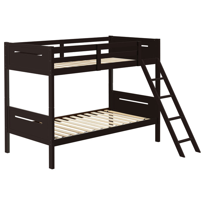 Espresso Littleton Wood Twin Over Twin Bunk Bed by CoasterEveryday, sturdy wooden furniture with safety railings and ladder.