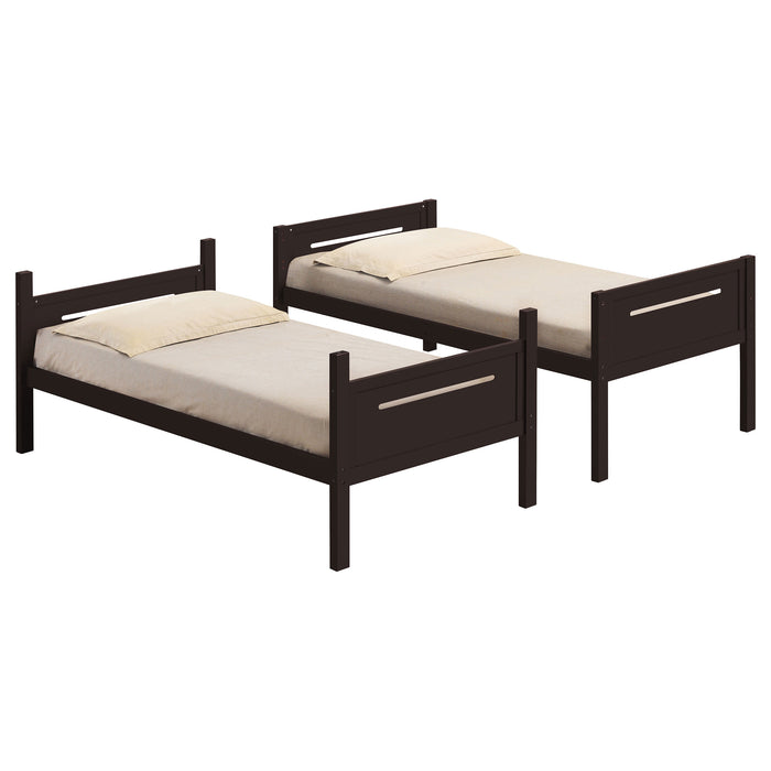 Espresso Littleton Wood Twin Over Twin Bunk Bed from CoasterEveryday with sturdy frame and built-in ladder, ideal for children's bedrooms.
