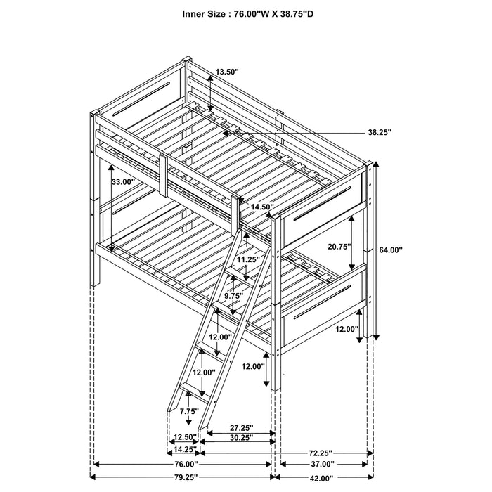 Espresso twin over twin bunk bed by CoasterEveryday with wood frame and ladder, ideal for children's bedroom furniture.