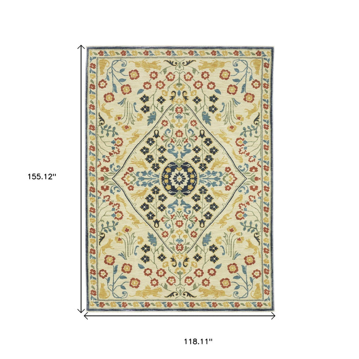 10' X 13' Oriental Area Rug With Fringe - Ivory And Navy Blue
