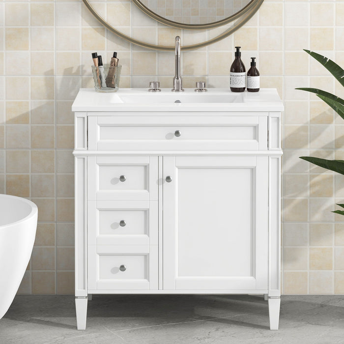 Giga modern bathroom vanity with top sink, two drawers, and tip-out storage cabinet for organized bathroom space.