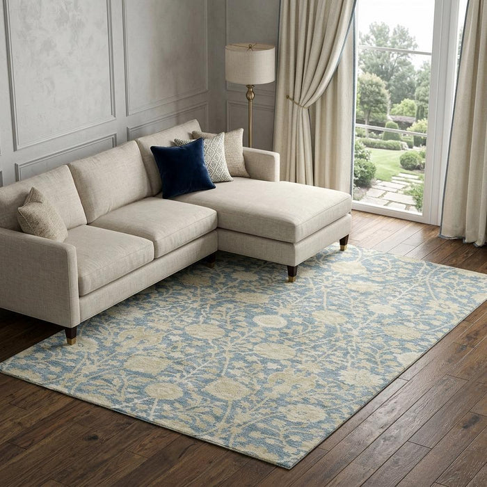 10' X 14' Floral Washable Area Rug With UV Protection (684010) - Sky Blue / Ivory