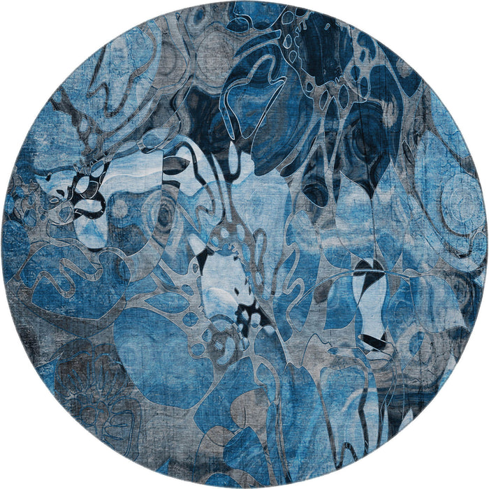 8' Abstract Distressed Washable Round Rug With UV Protection (648967) - Blue / Ivory / Gray