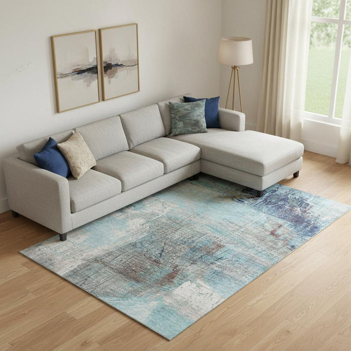 10' X 14' Abstract Washable Area Rug With UV Protection (718424) - Teal / Ivory