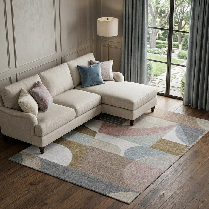 10' X 14' Geometric Washable Area Rug With UV Protection (696572) - Coffee / Mauve / Ivory