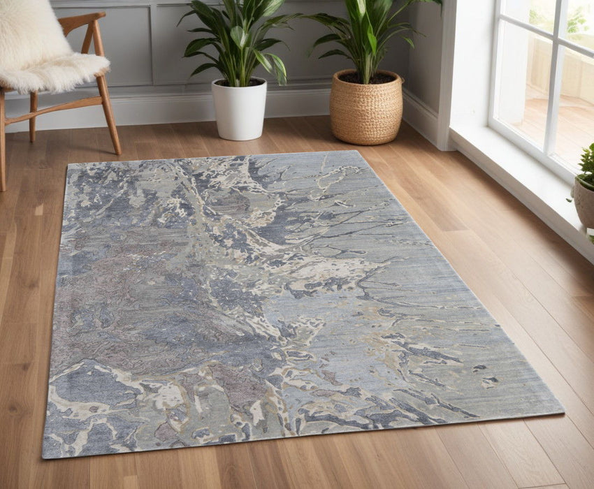 4' x 6' Abstract Hand Tufted Worn Faded Area Rug - Ivory Taupe And Green