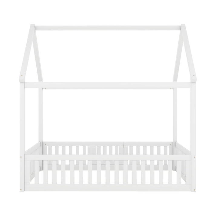 Giga wood house platform bed with fence and door, featuring a cozy design and natural wood finish for children's bedroom decor.