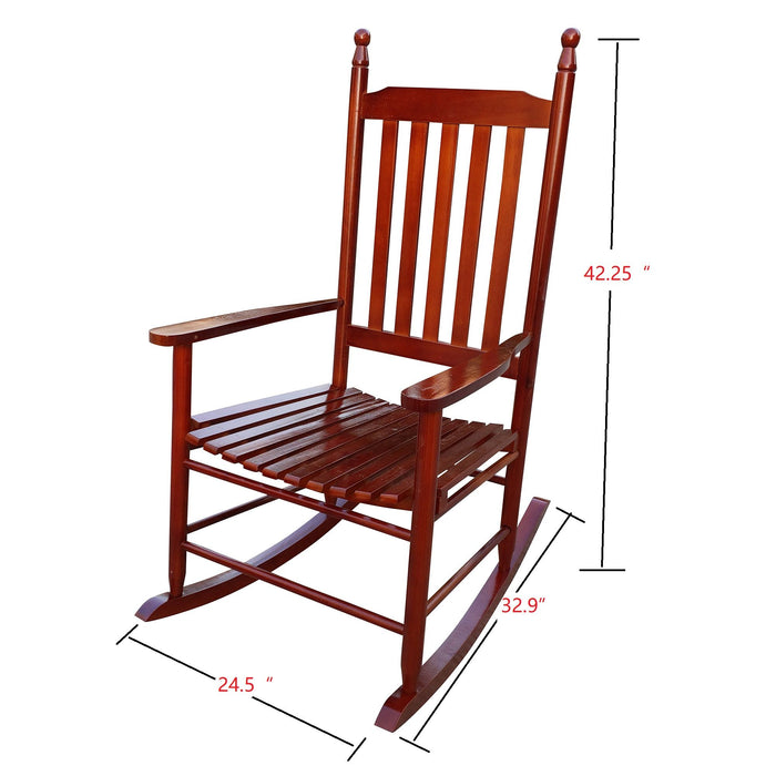 Giga wooden porch rocker chair with curved armrests and slatted seat, perfect for outdoor relaxation on a porch or patio.