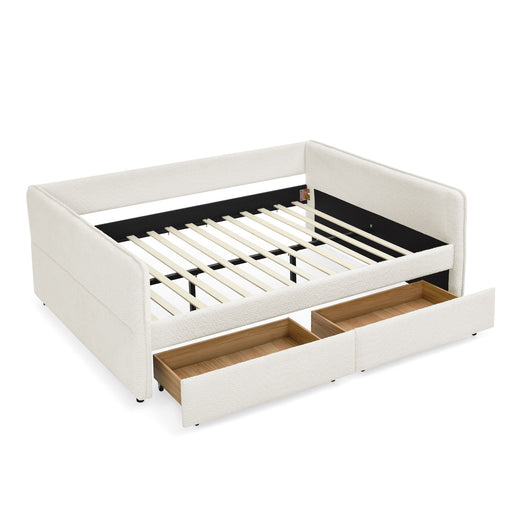 Giga upholstered storage daybed with two drawers, featuring a padded headboard and sleek fabric upholstery in a contemporary bedroom setting.