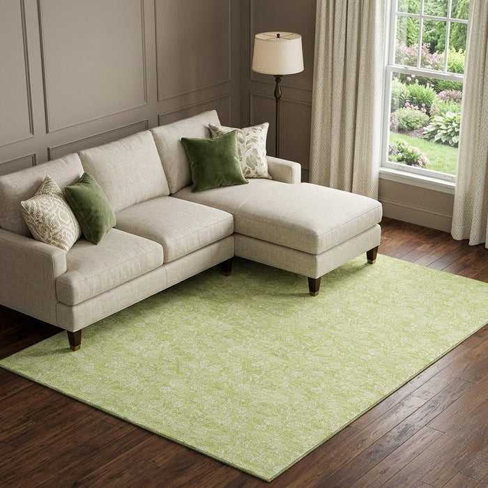 10' X 14' Floral Washable Area Rug With UV Protection (656388) - Artichoke Green / Ivory