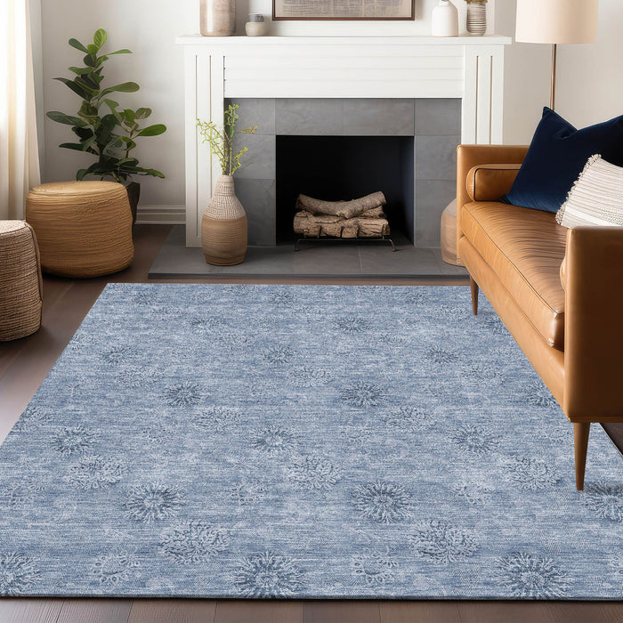 8' X 10' Floral Washable Area Rug With UV Protection - Sky Blue And Ivory