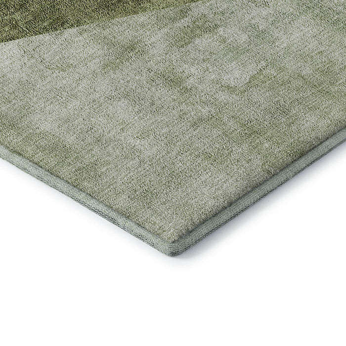 8' Geometric Washable Round Rug With UV Protection (655570) - Olive Green / Gray / Silver