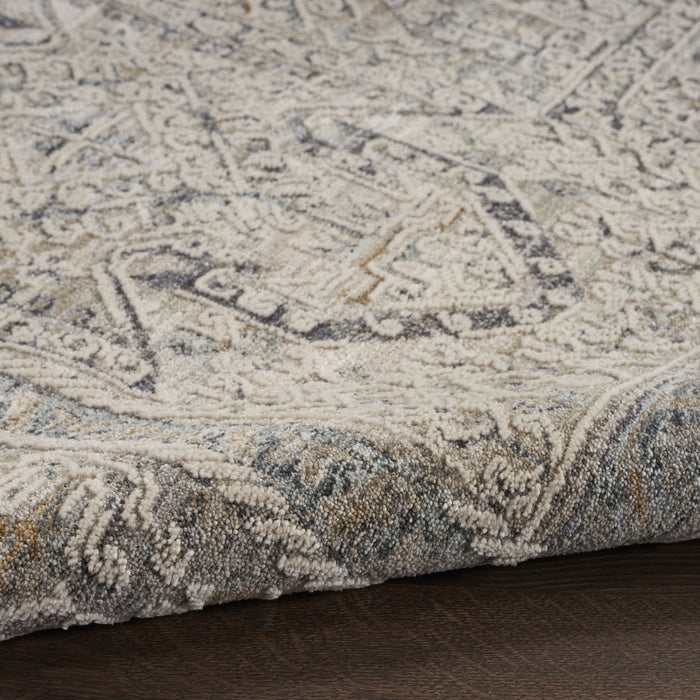 8' Medallion Distressed Round Rug With Fringe (546587) - Ivory / Gray