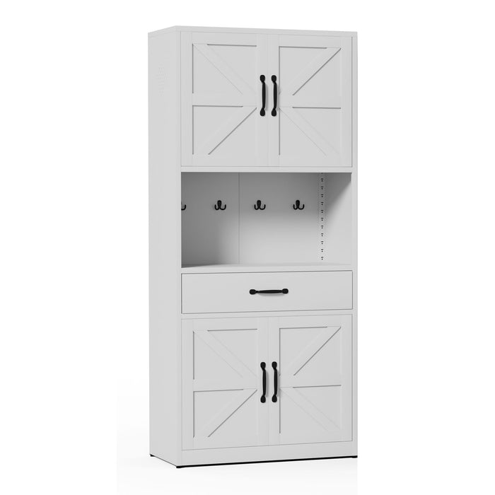 Giga white accent kitchen pantry cabinet with adjustable shelves, drawers, hooks, and large countertop for storage.