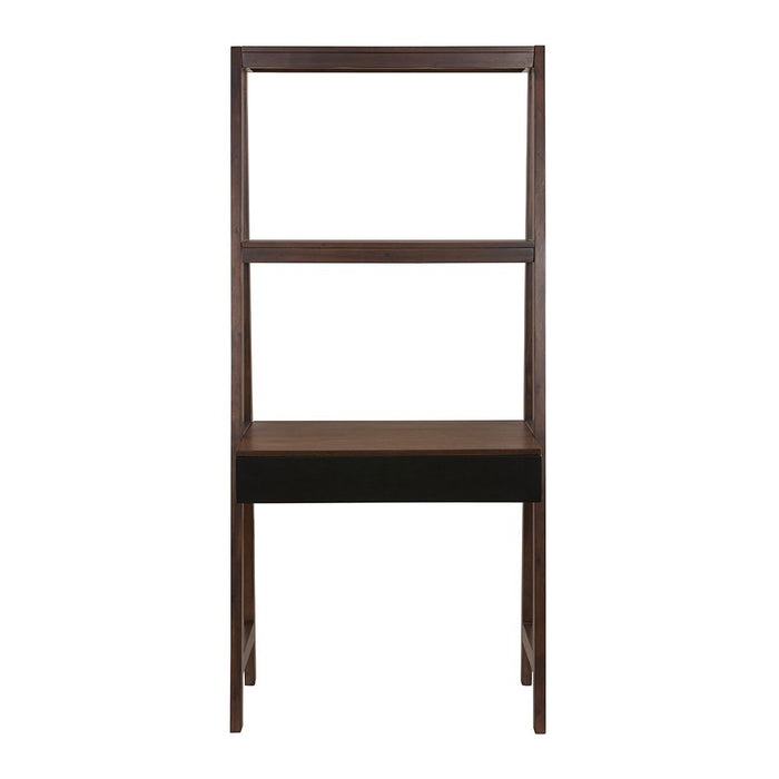 Giga ladder desk with natural wood finish, featuring a ladder style display shelf and a spacious surface for computer work.