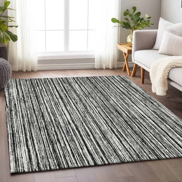 10' X 14' Striped Washable Area Rug With UV Protection - Black And Ivory