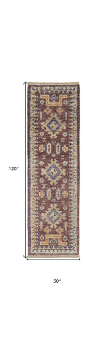 10' Wool Geometric Hand Knotted Runner Rug With Fringe - Blue Red And Tan
