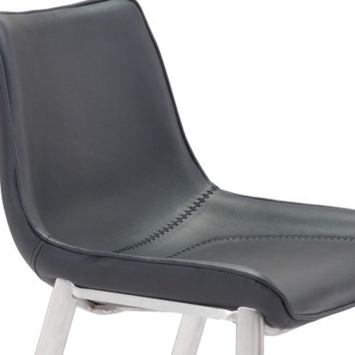 Set of two 30-inch black and silver steel low back bar height chairs from HomeRoots, with sleek modern design.