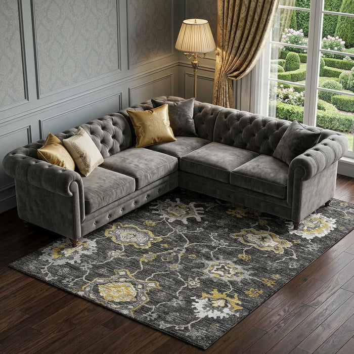 9' X 12' Floral Medallion Distressed Washable Area Rug With UV Protection (644615) - Graphite / Ivory / Gold