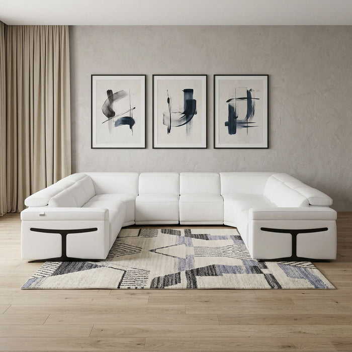 Italian Leather Modular U Shaped Eight Piece Corner Sectional With Console - White