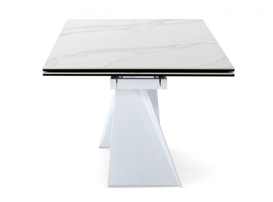 Ceramic Metal Self-Storing Leaf Pedestal Base Extendable Dining Table - White