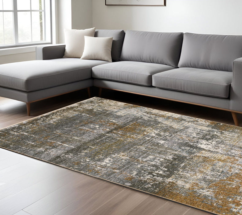 7' X 10' Abstract Area Rug With Fringe - Gray And Gold