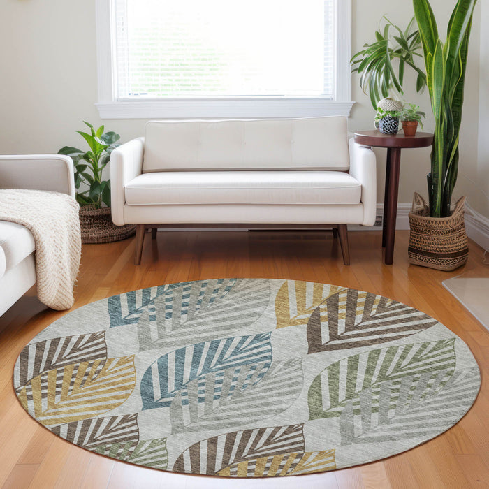 8' Transitional Floral Washable Round Rug With UV Protection - Gray