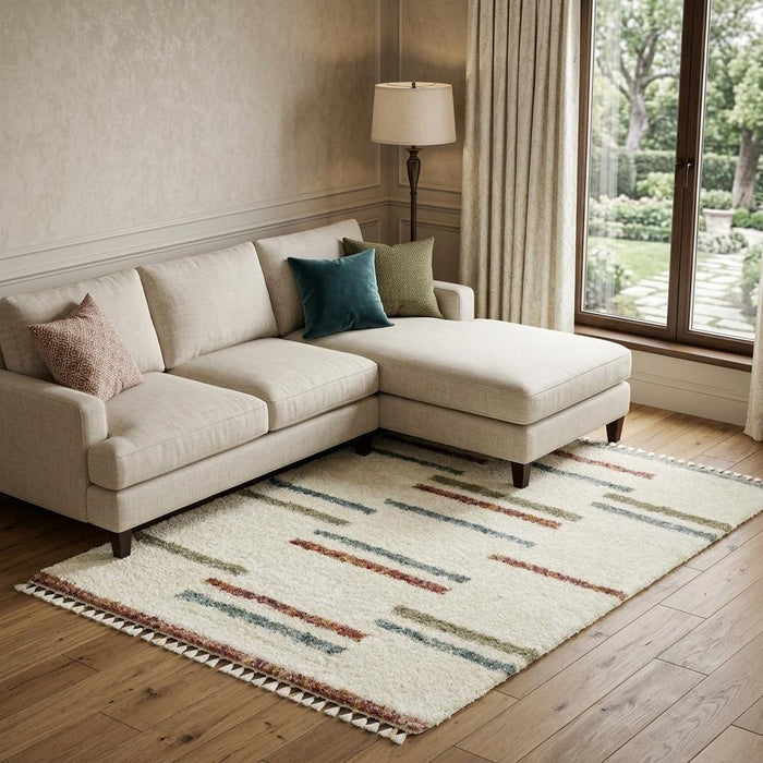 8' X 11' Striped Shag Area Rug With Fringe (574644) - Ivory / Brown / Gray