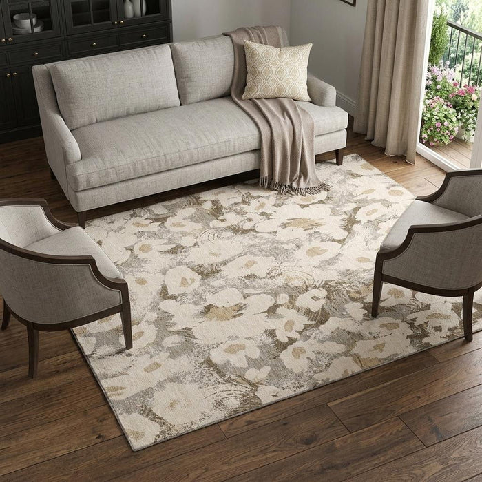 9' X 12' Floral Washable Area Rug With UV Protection (648171) - Khaki / Gray / Ivory