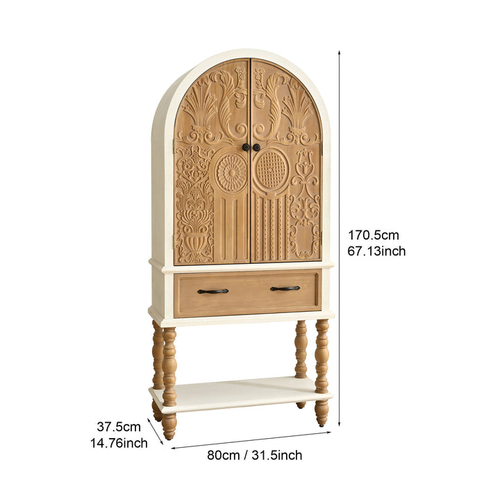 Giga arched flower carved wood accent sideboard cabinet with one drawer and shelf, natural and white finish, for kitchen storage.