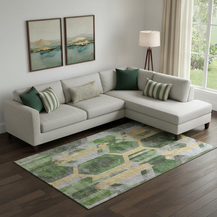 10' X 14' Geometric Washable Area Rug With UV Protection (699112) - Green / Gold / Gray