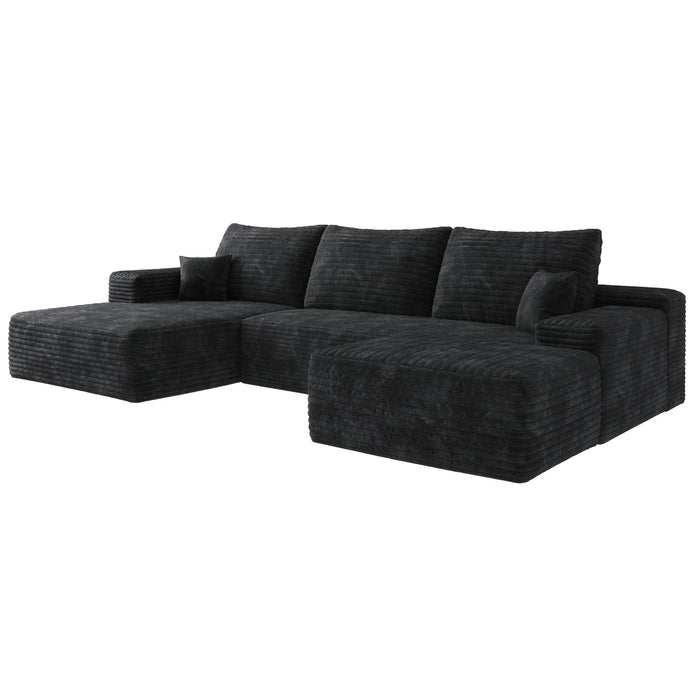 2 Piece Living Room Set Corduroy Modular Compression Foam Sofa & Ottoman Toss Pillows - Black