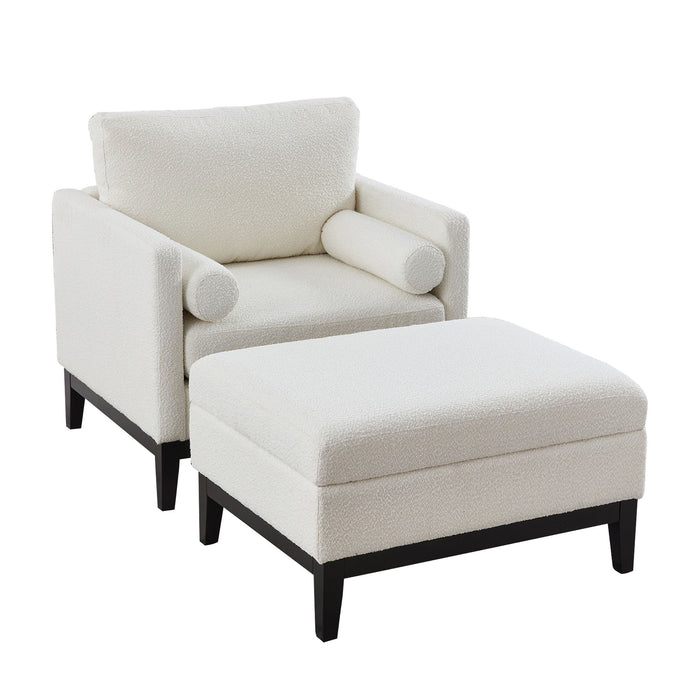 Giga farmhouse upholstered accent chair with matching ottoman, and a reversible lid coffee table in a cozy living room setting.