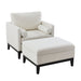 Giga farmhouse upholstered accent chair with matching ottoman, and a reversible lid coffee table in a cozy living room setting.
