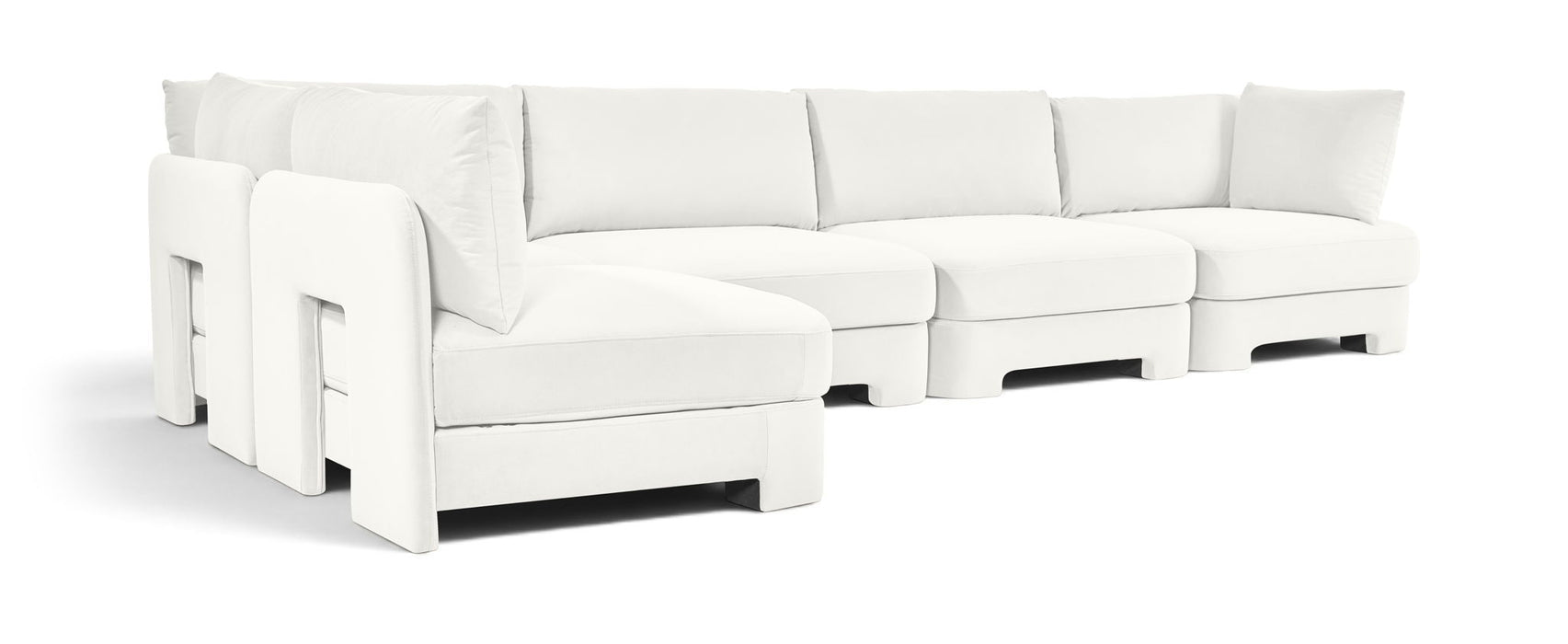 Meridian Furniture Hammond velvet performance fabric L-shaped sectional with five stationary upholstered pieces in a modern living room setting.