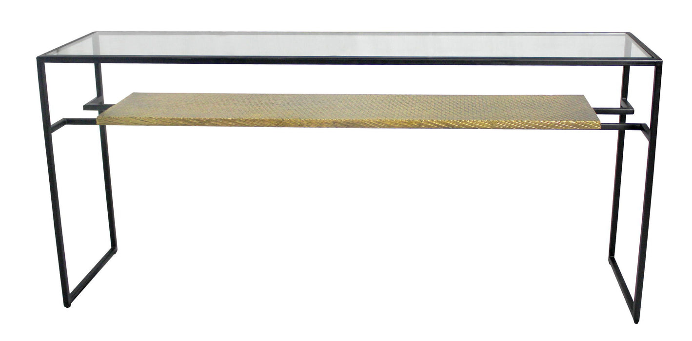 Glass Sled Console Table With Shelves - Clear Black And Gold