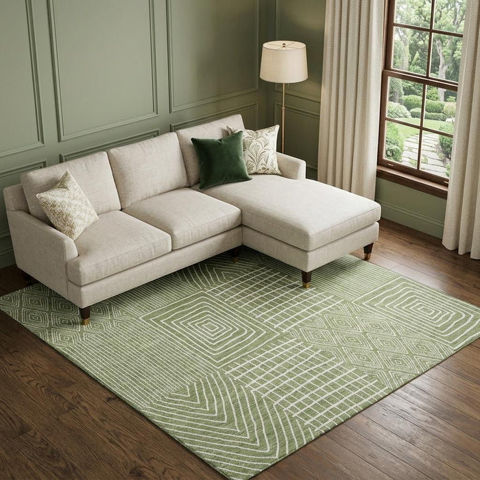 10' X 14' Geometric Washable Area Rug With UV Protection (678059) - Green / Ivory