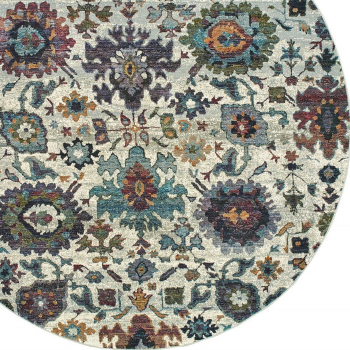 8' Round Oriental Power Loom Area Rug - Purple And Gray