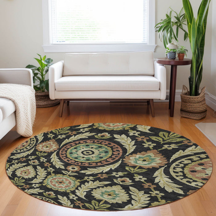 8' Copper Floral Washable Round Rug With UV Protection - Black