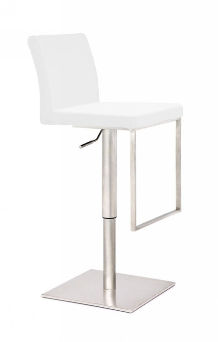 Faux Leather And Stainless Steel Swivel Low Back Adjustable Height Bar Chair - White And Silver