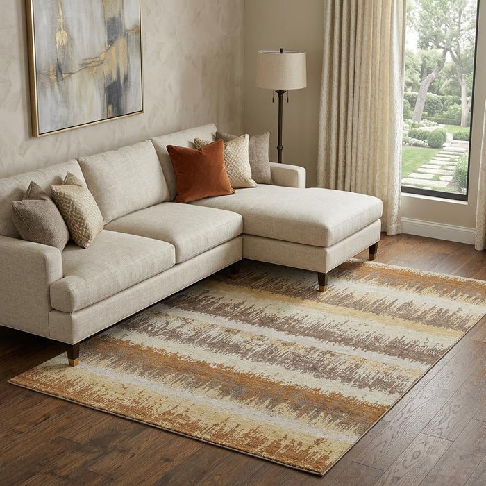 10' X 14' Striped Washable Area Rug With UV Protection (679528) - Coffee / Beige / Copper