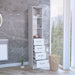 White Giga linen cabinet with 3 shelves, 4 drawers, and metal handles, featuring a clean and functional storage design.